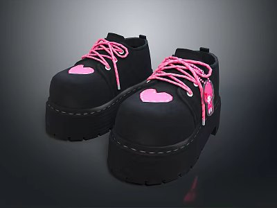 Black Platform Shoes With Pink Heart Patterns Pink Laces And Thick Soles 3d model