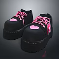 Black Platform Shoes With Pink Heart Patterns Pink Laces And Thick Soles