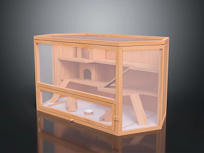 Wooden Pet Cage With Transparent Panels Interior Platforms And Feeding Bowl 3d model