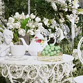 Scenic Outdoor Photo Spot With Arched White Decor Flowers Vines And Green Trees
