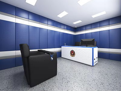 Monitoring Room Interior With Blue Striped Walls Control Desk And Black Chair 3d model