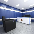 Monitoring Room Interior With Blue Striped Walls Control Desk And Black Chair