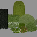 Trimmed Bushes In Various Geometric Shapes With Small Colorful Flowers For Garden Landscaping