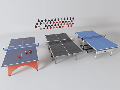Three Different Colored Table Tennis Tables With Paddles And Balls Setup 3d model