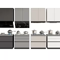 Modern Kitchen With Black Gray Beige White Cabinets And Appliances Stovetops Range Hoods