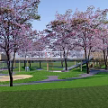Scenic Children's Play Area With Cherry Blossom Trees Spiral Structures And Winding Pathways