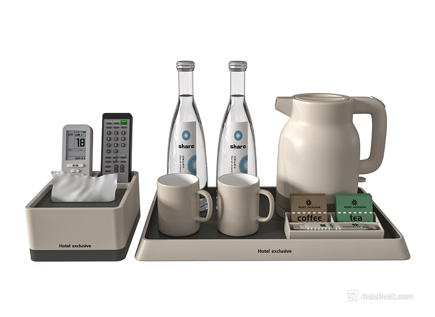 Modern Tea Set with White Kettle Two Mugs and Tray for Home Kitchen Use 3d model 