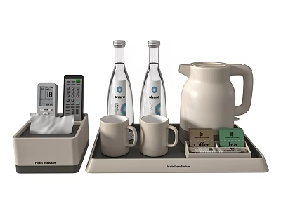 Modern Tea Set with White Kettle Two Mugs and Tray for Home Kitchen Use 3d model