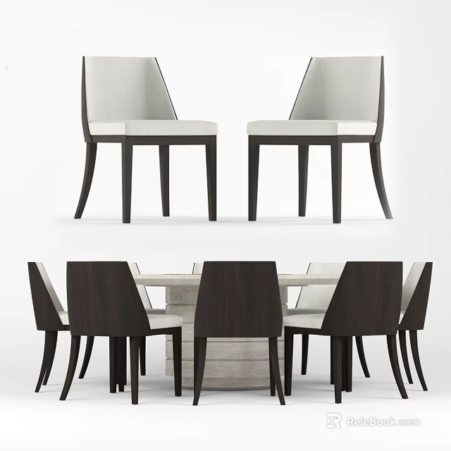 Modern Dining Table Set With Dark Wood Frame And Light Upholstered Chairs 3d model