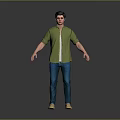 Man In Green Shirt Blue Jeans And Beige Shoes Standing
