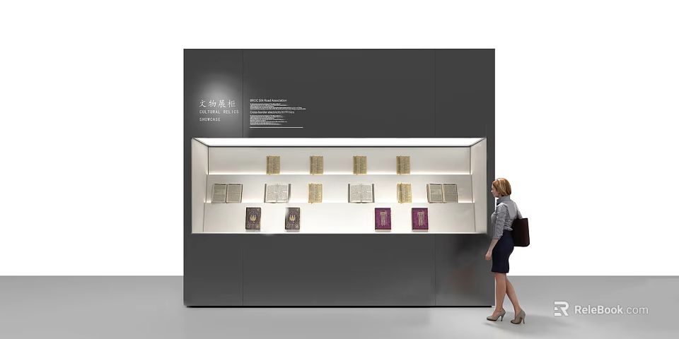 Modern Exhibition Display Shelf Featuring Books and Items on White Interior with Person Viewing 3d model 