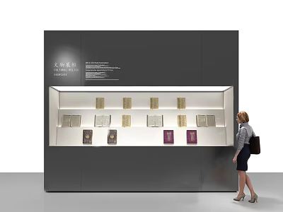 Modern Exhibition Display Shelf Featuring Books and Items on White Interior with Person Viewing 3d model