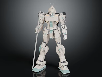 White And Light Blue Gundam Model With Mechanical Design Holding Staff In Standing Pose 3d model