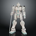 White And Light Blue Gundam Model With Mechanical Design Holding Staff In Standing Pose