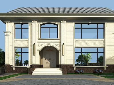 Classical Detached Villa Exterior With Stone Facade Large Windows And Grand Entrance 3d model