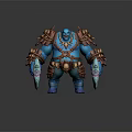 Muscular Blue Skinned Fantasy Ogre With Brown Straps And Dual Blue Bladed Weapons