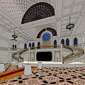Grand Banquet Hall With Stained Glass Dome Chandeliers Red Carpet And White Round Tables