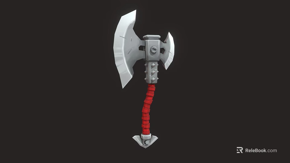 3D Model Axe With White Blade Gray Body Red Wrapped Handle And Metal Base 3d model 