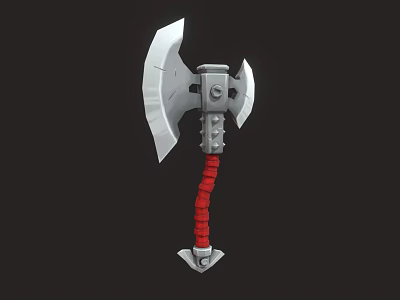 3D Model Axe With White Blade Gray Body Red Wrapped Handle And Metal Base 3d model