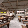 Chinese Style Hotpot Restaurant Interior With Wooden Tables Benches Hanging Lights And Traditional Wall Decorations