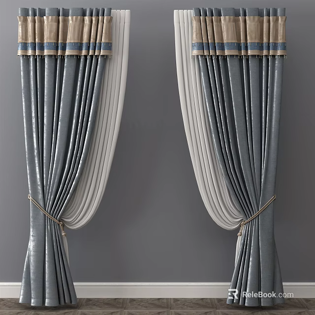 Elegant Gray Velvet Curtains With White Lining And Gold Tiebacks For Home Decor 3d model 