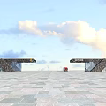 Modern Entrance Gate with Icmold Sign Geometric Design Glass Curtain Wall and Stone in Plaza