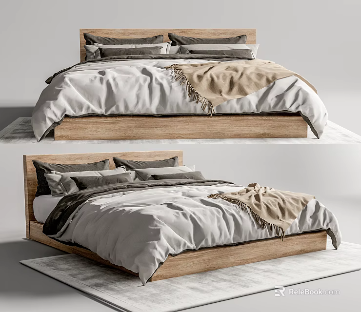 Modern Double Bed with Wooden Frame Gray and Beige Bedding and Cozy Throw Blanket 3d model 