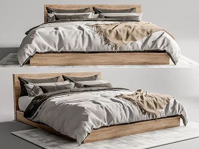 Modern Double Bed with Wooden Frame Gray and Beige Bedding and Cozy Throw Blanket 3d model