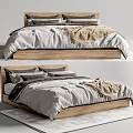 Modern Double Bed with Wooden Frame Gray and Beige Bedding and Cozy Throw Blanket