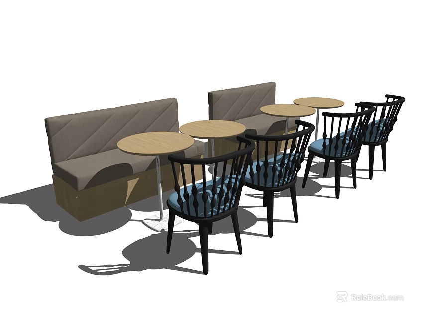 Public Seating Setup With Upholstered Bench Round Tables And Blue Cushioned Chairs 3d model