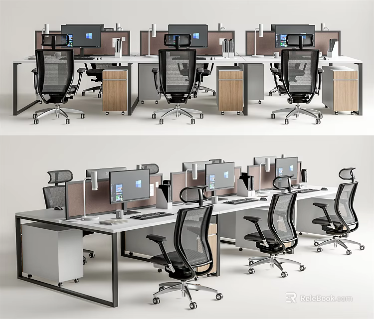 Modern Office Desk Setup With Computer Monitors Ergonomic Chairs And Wooden Cabinets 3d model 