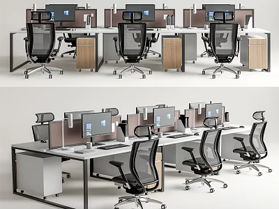Modern Office Desk Setup With Computer Monitors Ergonomic Chairs And Wooden Cabinets 3d model