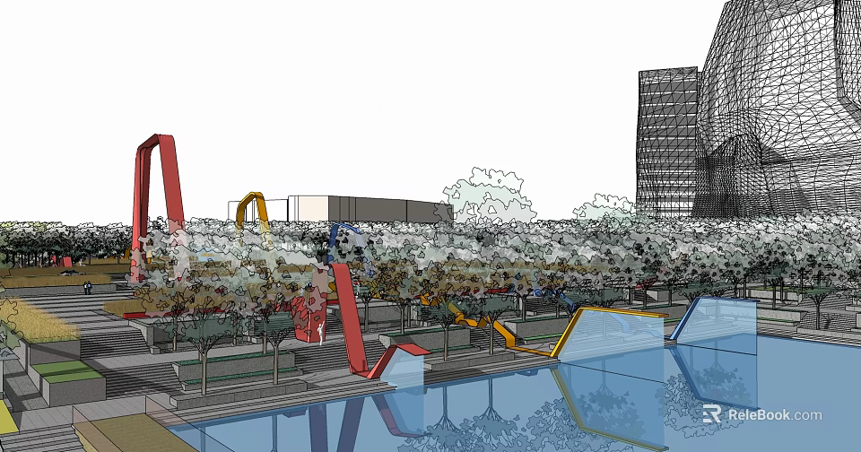 Urban Recreational Playground With Colorful Play Structures Greenery Water Pool And Tall Buildings In Background 3d model 