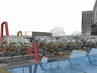 Urban Recreational Playground With Colorful Play Structures Greenery Water Pool And Tall Buildings In Background 3d model