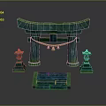 Traditional Japanese Torii Gate Structure With Stone Lanterns And Front Steps