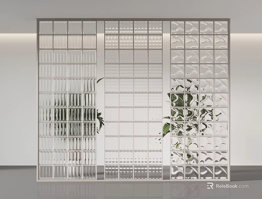 Modern White Room Divider With Geometric Grid Design And Indoor Plants 3d model 