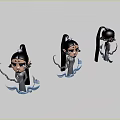 Cartoon Style Game Movie Female Character With Long Black Hair Hair Accessory Blue Watery Elements Various Angles