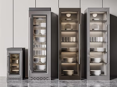 Sleek Modern Gray Kitchen Appliances With Glass Doors Storage Cabinets And Dishes 3d model