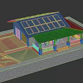 Blue House Model With Solar Panels On Roof Garage Porch White Railing And Stone Wall
