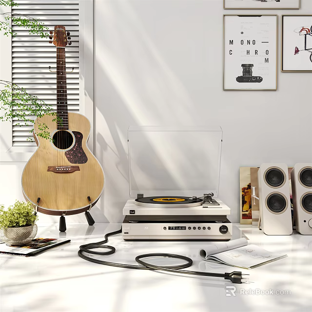 Stylish Home Music Corner With Turntable Speakers Acoustic Guitar Potted Plant And Books 3d model 