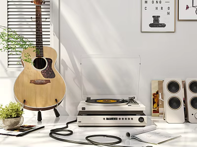 Stylish Home Music Corner With Turntable Speakers Acoustic Guitar Potted Plant And Books 3d model