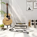Stylish Home Music Corner With Turntable Speakers Acoustic Guitar Potted Plant And Books