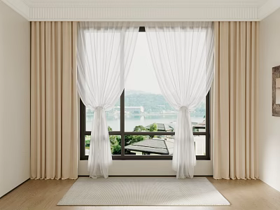 Modern Beige Curtains With White Sheer Panels For Large Window Scenic View 3d model