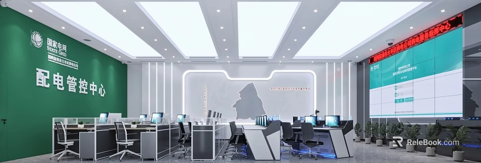 Modern Control Room With Multiple Computer Monitors Workstations Map Outline Wall And Bright Ceiling Lighting 3d model 