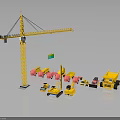 Various Colored Construction Vehicles And Yellow Crane At Work Site Scene