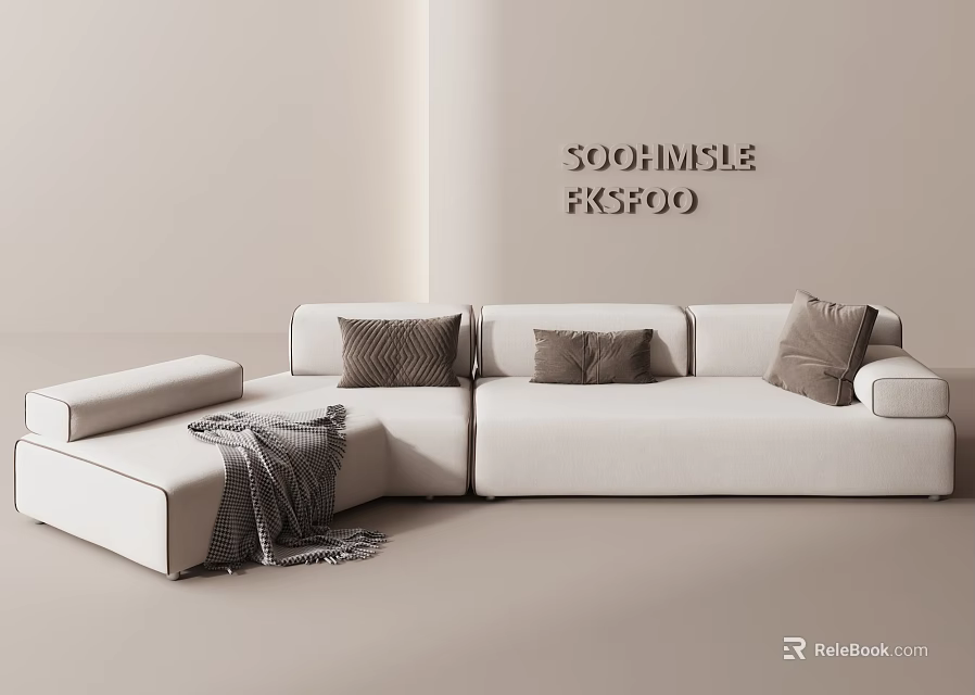 Modern White Sectional Sofa With Brown Cushions And Gray Blanket In Minimalist Space 3d model 