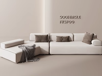 Modern White Sectional Sofa With Brown Cushions And Gray Blanket In Minimalist Space 3d model
