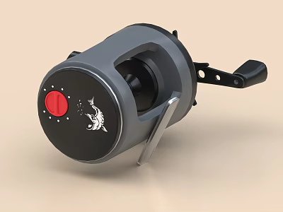 Gray Black Daily Life Supplies Fishing Reel With Red Button White Logo And Metal Handle 3d model