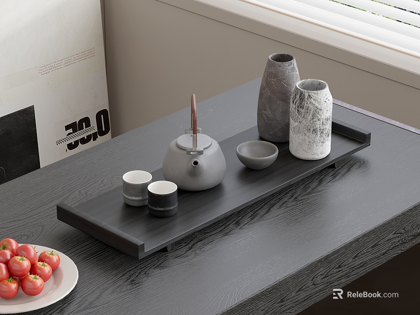 Elegant Tea Set With Teapot Cups Small Dish And Tray On Dark Wooden Table 3d model 