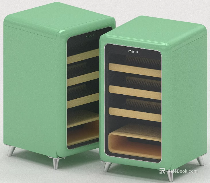 Light Green Mini Kitchen Appliances With Multiple Wooden Shelves And Silver Legs 3d model 